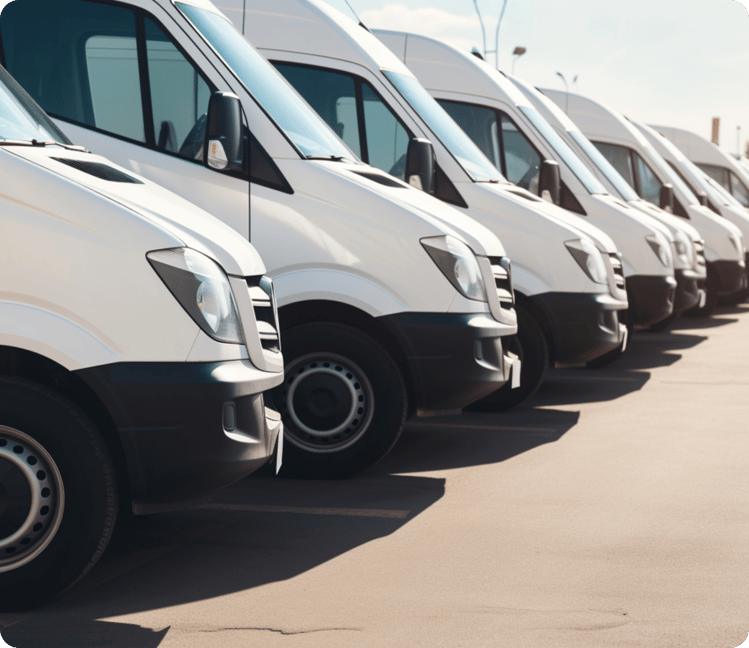 A row of pristine white vans