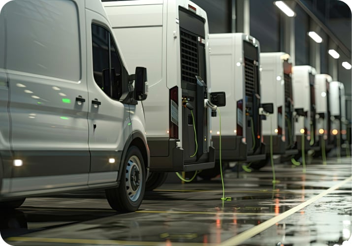 A fleet of electric delivery vans charging at a logistics center