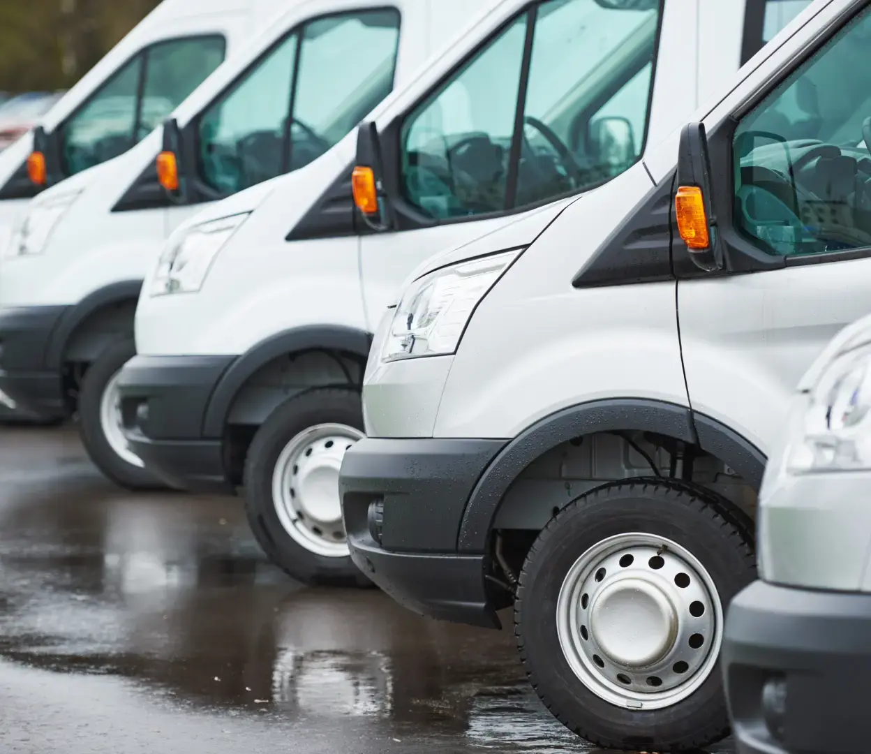 A row of clean white vans